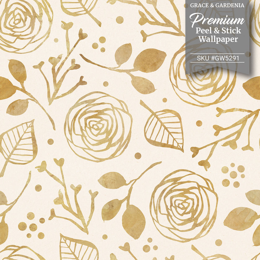GW5291 Watercolor Abstract Floral Peel & Stick Wallpaper Roll size 19 inch Wide x 18ft. Long Beige Gold