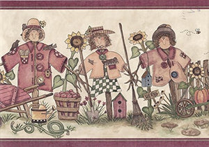 Wallpaper For Less ALB3753 Scarecrows Bees Wallpaper Border, Burgundy Cream