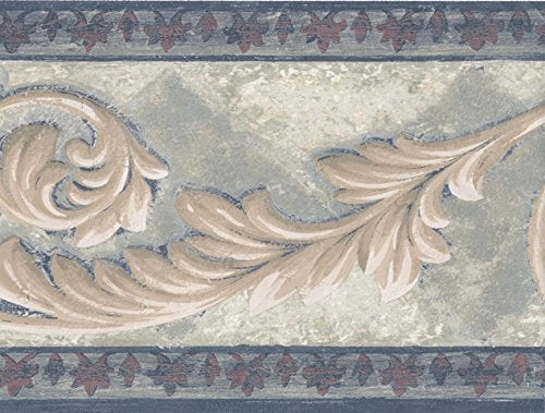 Wallpaper For Less AR77956 Leaf Molding Wallpaper Border, Navy Bordo Cream