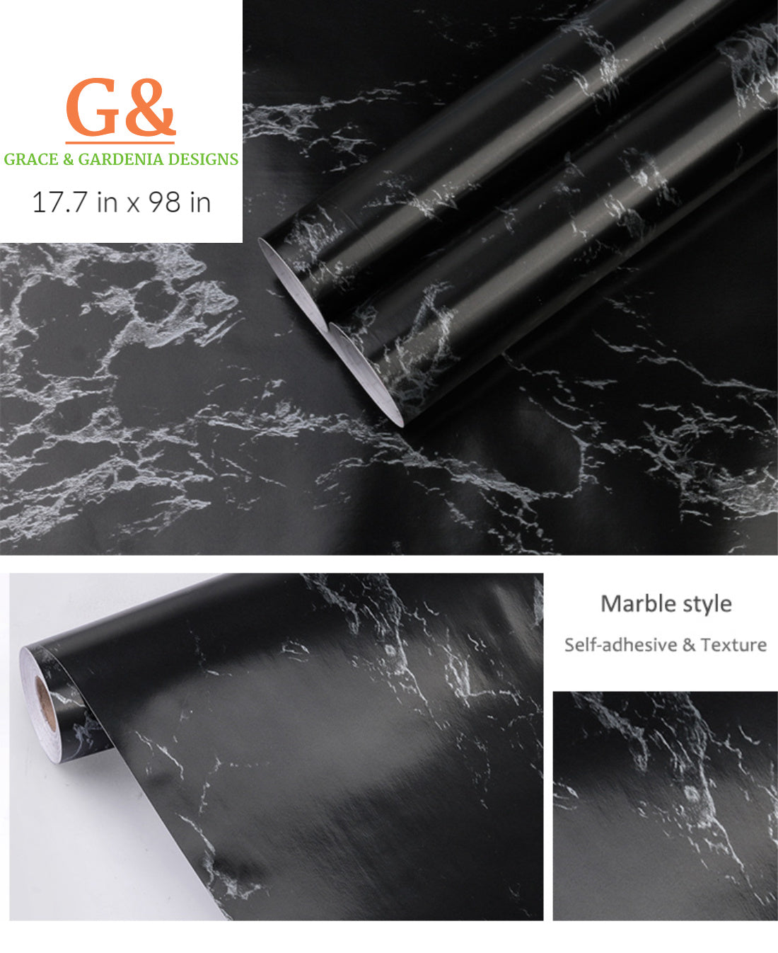 GRACE & GARDENIA Black Marble  Contact Paper Self Adhesive Removable 17.7