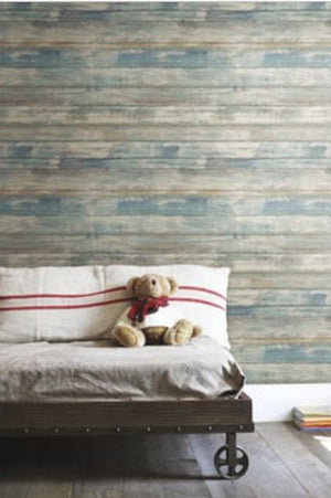 RoomMates RMK9052WP Distressed Wood Blue Peel and Stick Wallpaper Blue