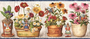 Wallpaper For Less BP007182B Wooden Flower Pot Angels Wall Border, Blue Cream