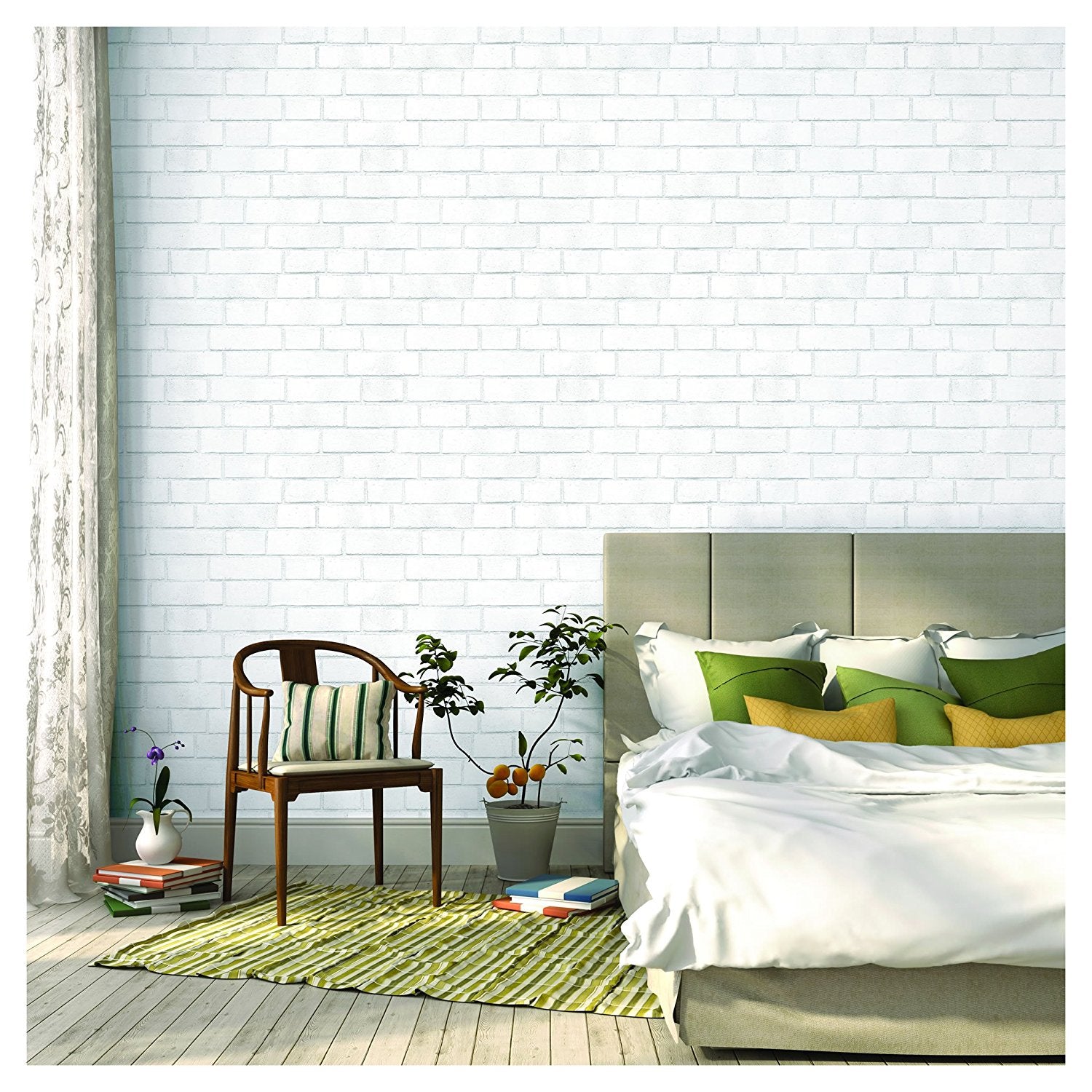 Tempaper BR096 Textured Brick Self-Adhesive Wallpaper; White