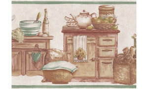 Wallpaper For Less BT77729 Countrystyle Kitchen Border 77729 BT, Cream Green