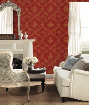 Grace & Gardenia G5003  Damask Prepasted Wallpaper, Red Gold