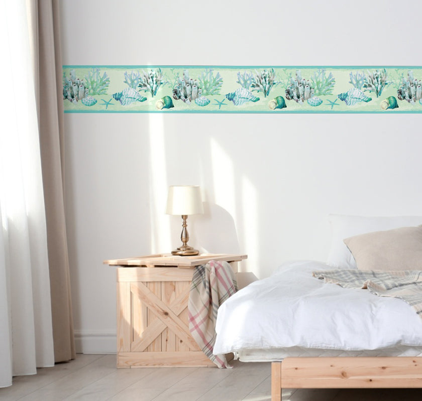 GB10011g8 Coral and Seashells Peel and Stick Wallpaper Border 8in Height x 15ft Long Blue Green