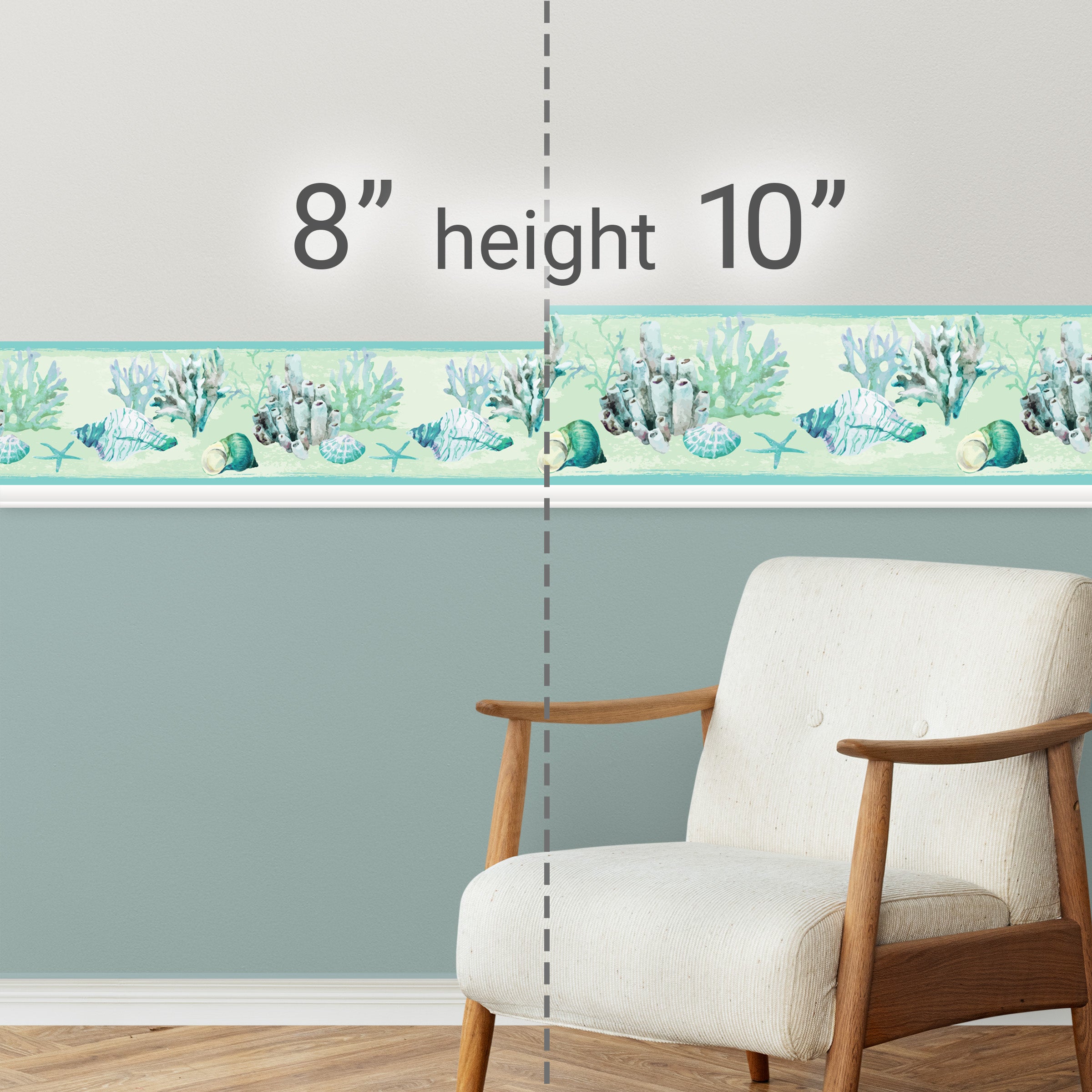GB10011 Coral and Seashells Peel and Stick Wallpaper Border 10in Height x 18ft Long Blue Green