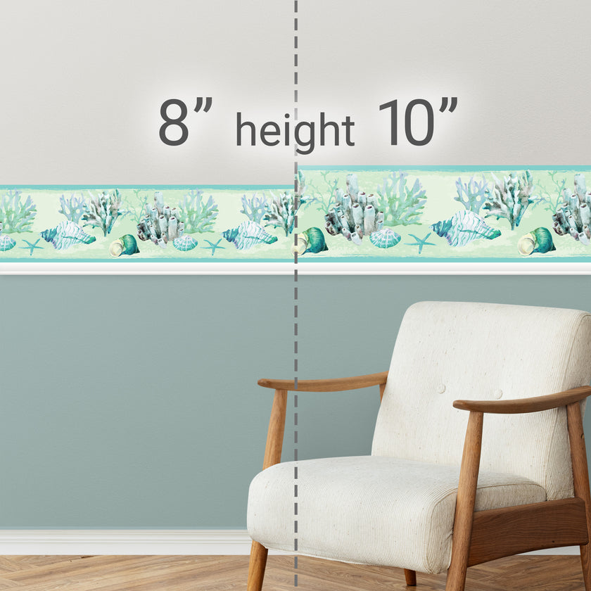 GB10011 Coral and Seashells Peel and Stick Wallpaper Border 10in Height x 15ft Long Blue Green