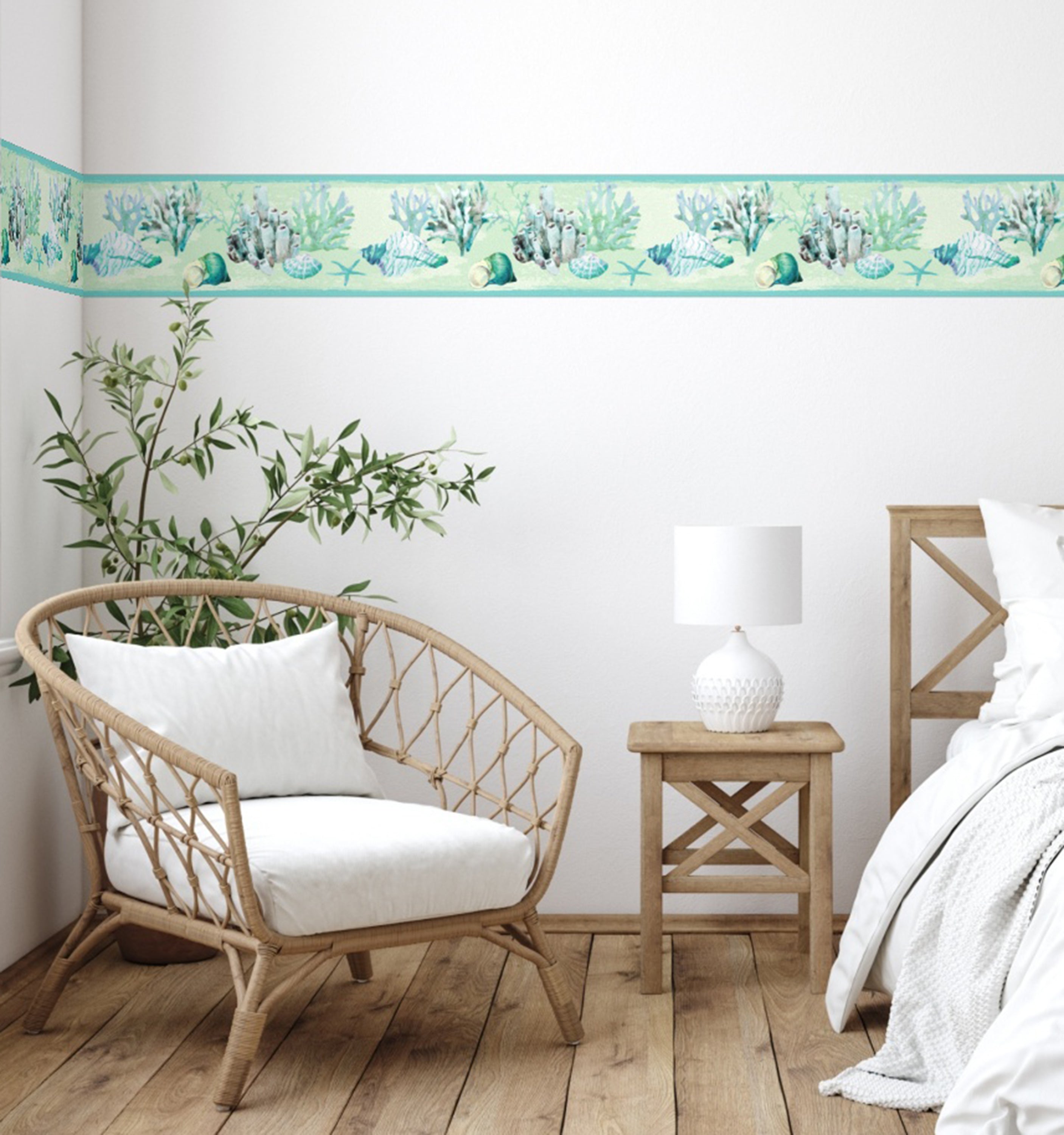 GB10011 Coral and Seashells Peel and Stick Wallpaper Border 10in Height x 18ft Long Blue Green