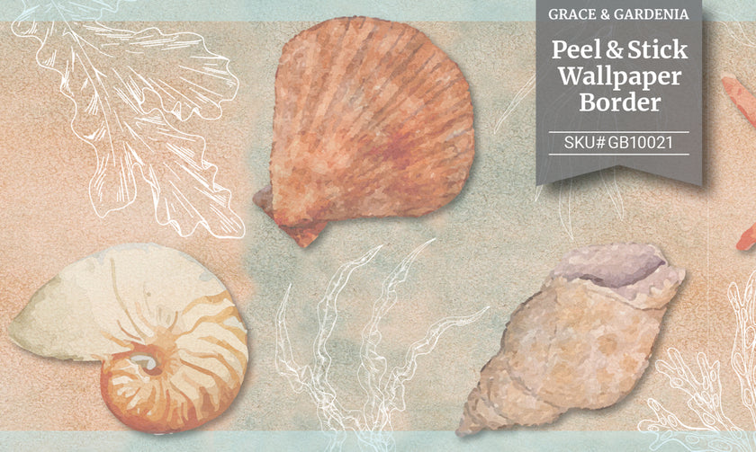 GB10021g8 Seashells Peel and Stick Wallpaper Border 8in Height x 15ft Long Beige Blue Gray Green