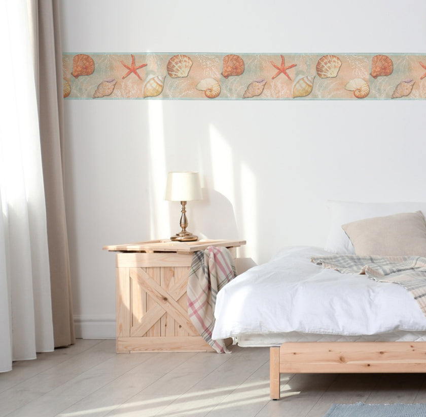 GB10021g8 Seashells Peel and Stick Wallpaper Border 8in Height x 15ft Long Beige Blue Gray Green