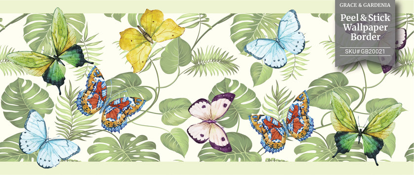GB20021g8 Butterflies and Tropical Plants Peel and Stick Wallpaper Border 8in Height x 15ft LongButterflies and Tropical Plants Green Yellow Blue