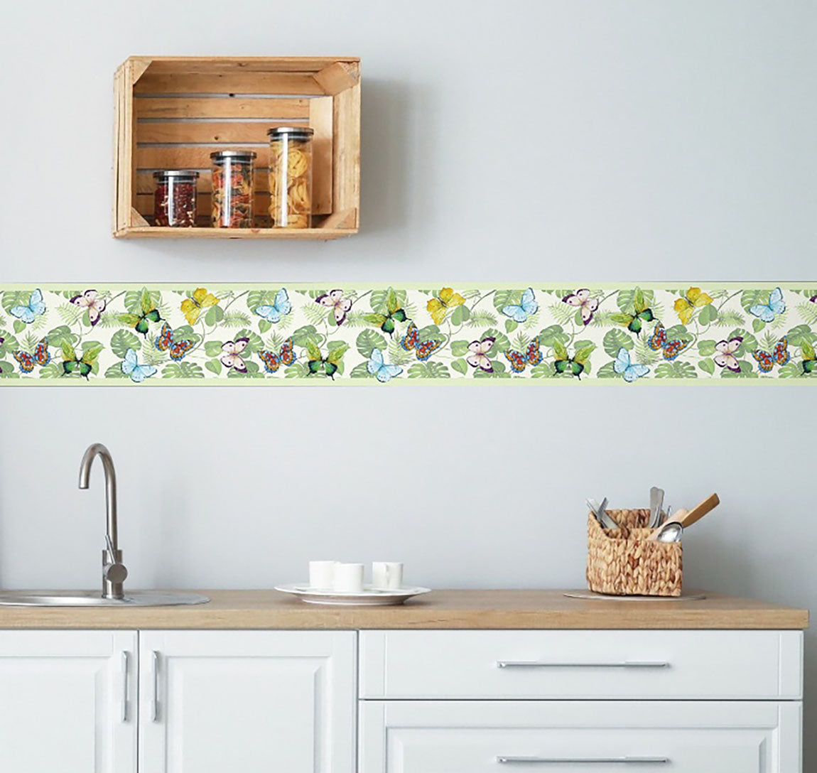 GB20021g8 Butterflies and Tropical Plants Peel and Stick Wallpaper Border 8in Height x 18ft Long Green/Yellow/Blue