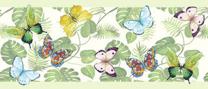 GB20021g8 Butterflies and Tropical Plants Peel and Stick Wallpaper Border 8in Height x 18ft Long Green/Yellow/Blue