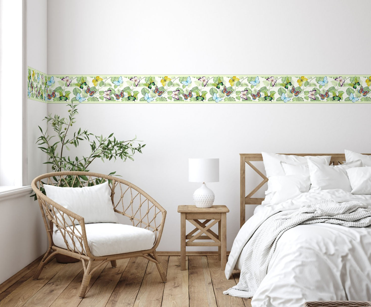 GB20021g8 Butterflies and Tropical Plants Peel and Stick Wallpaper Border 8in Height x 18ft Long Green/Yellow/Blue