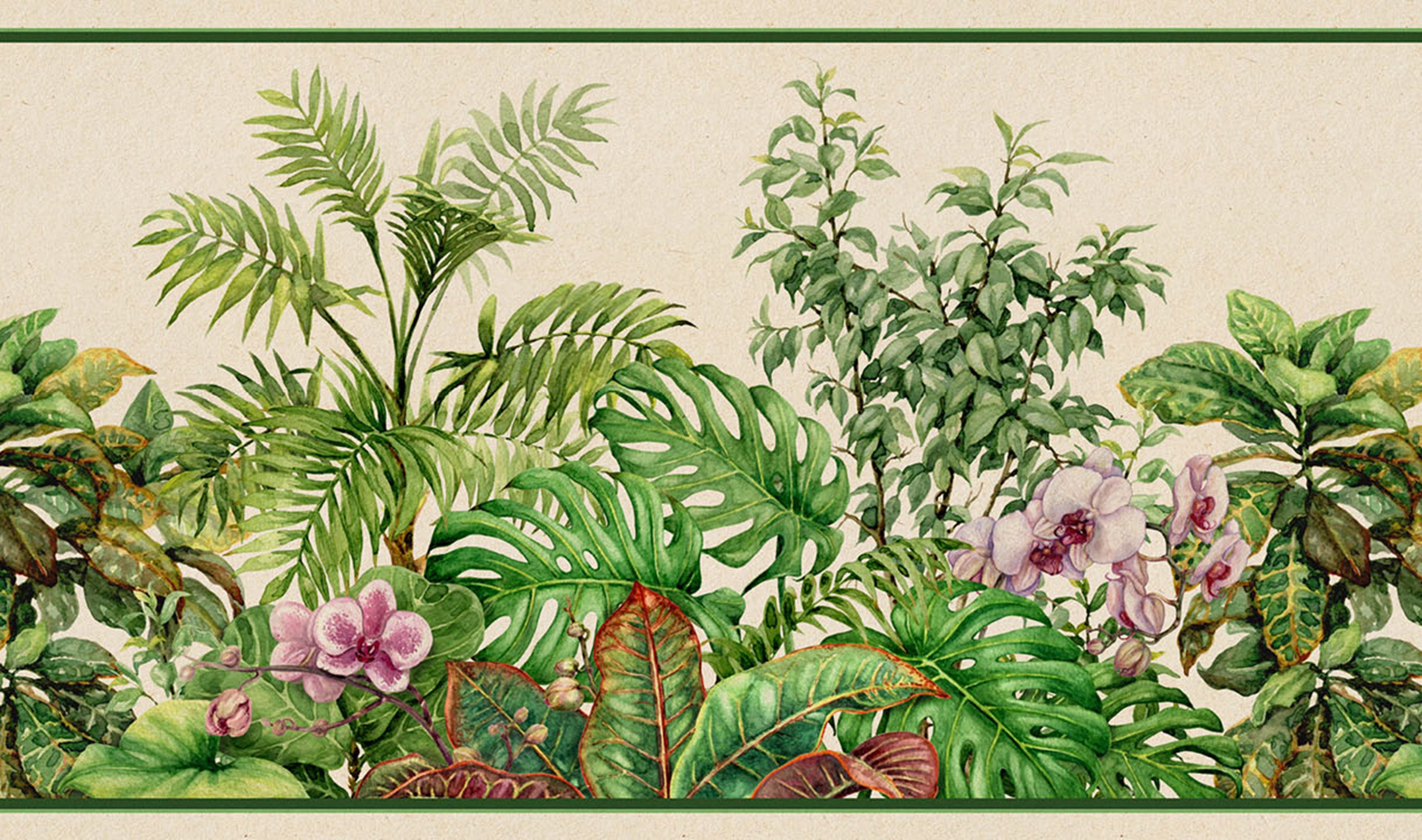 GB20040 Grace & Gardenia Tropical Watercolor Peel and Stick Wallpaper Border 10in Height x 18ft Long, Beige Green Purple