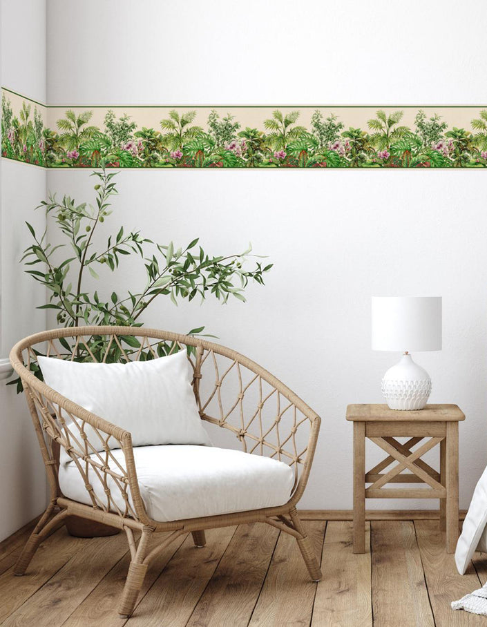 GB20040 Tropical Watercolor Peel and Stick Wallpaper Border 10in Height x 15ft Long, Beige Green Purple