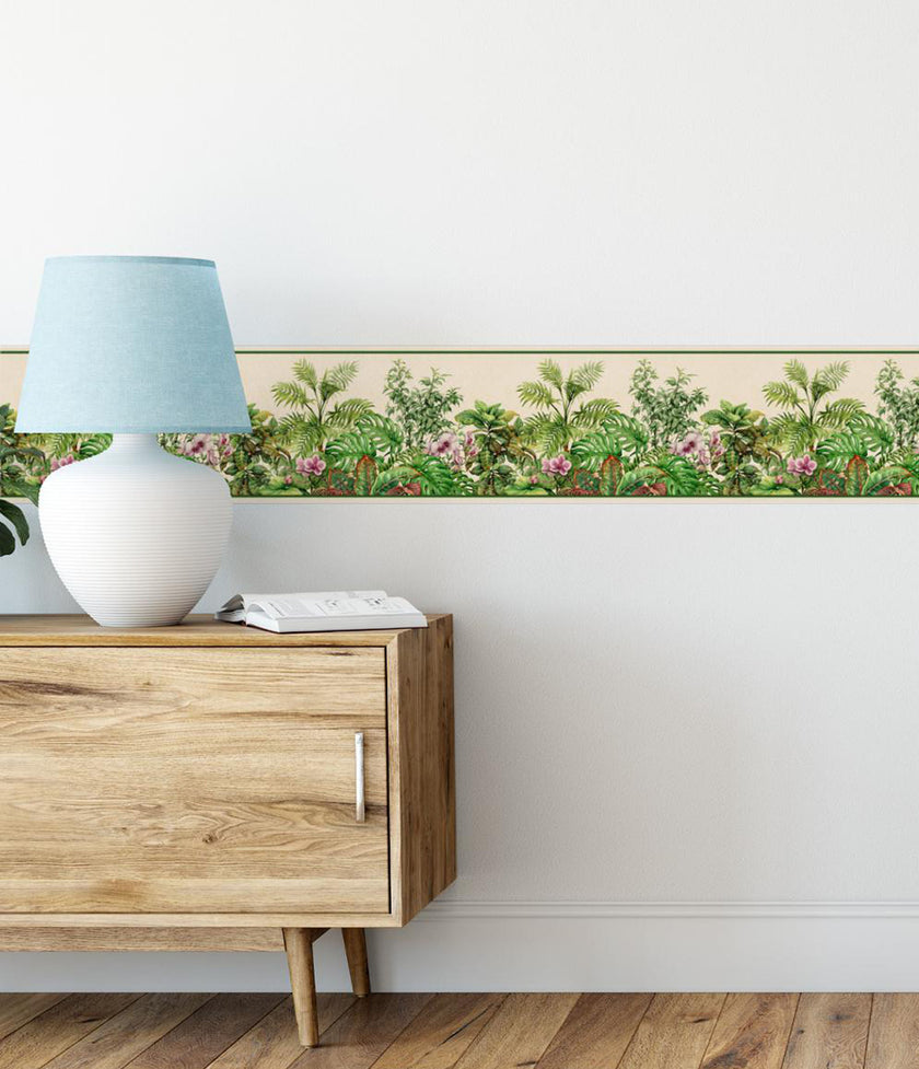 GB20040g8 Tropical Watercolor Peel and Stick Wallpaper Border 8in Height x 15ft Long, Beige Green Purple