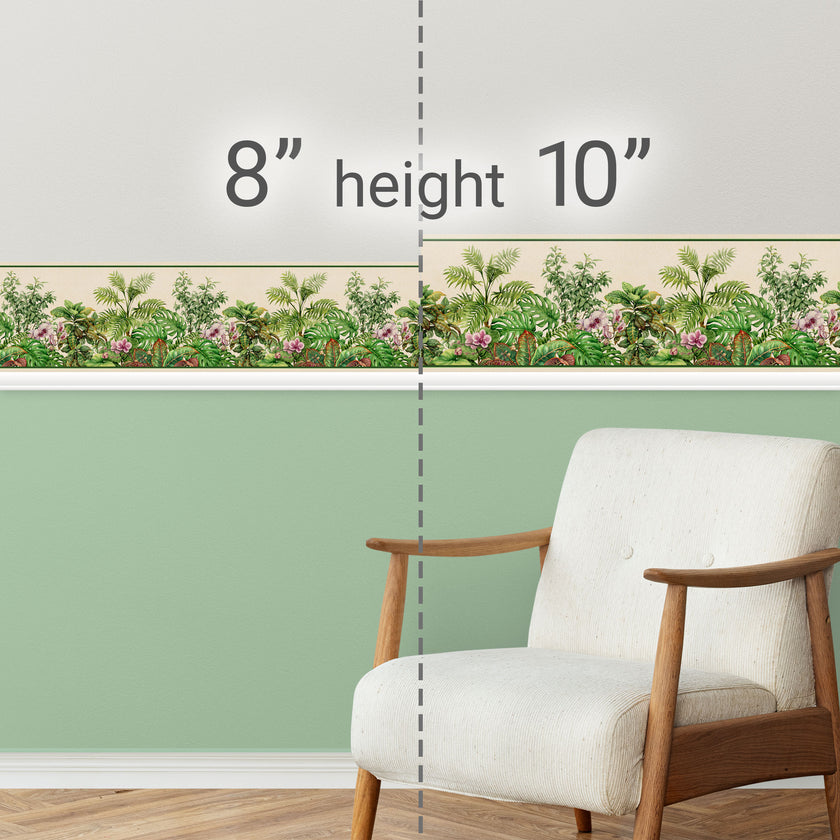 GB20040g8 Tropical Watercolor Peel and Stick Wallpaper Border 8in Height x 15ft Long, Beige Green Purple