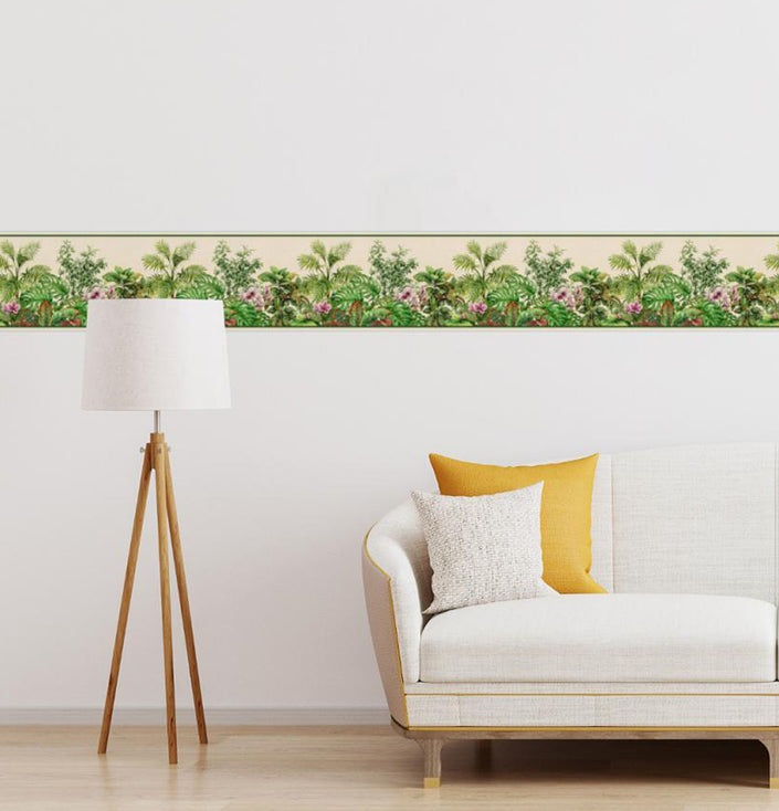 GB20040g8 Tropical Watercolor Peel and Stick Wallpaper Border 8in Height x 15ft Long, Beige Green Purple