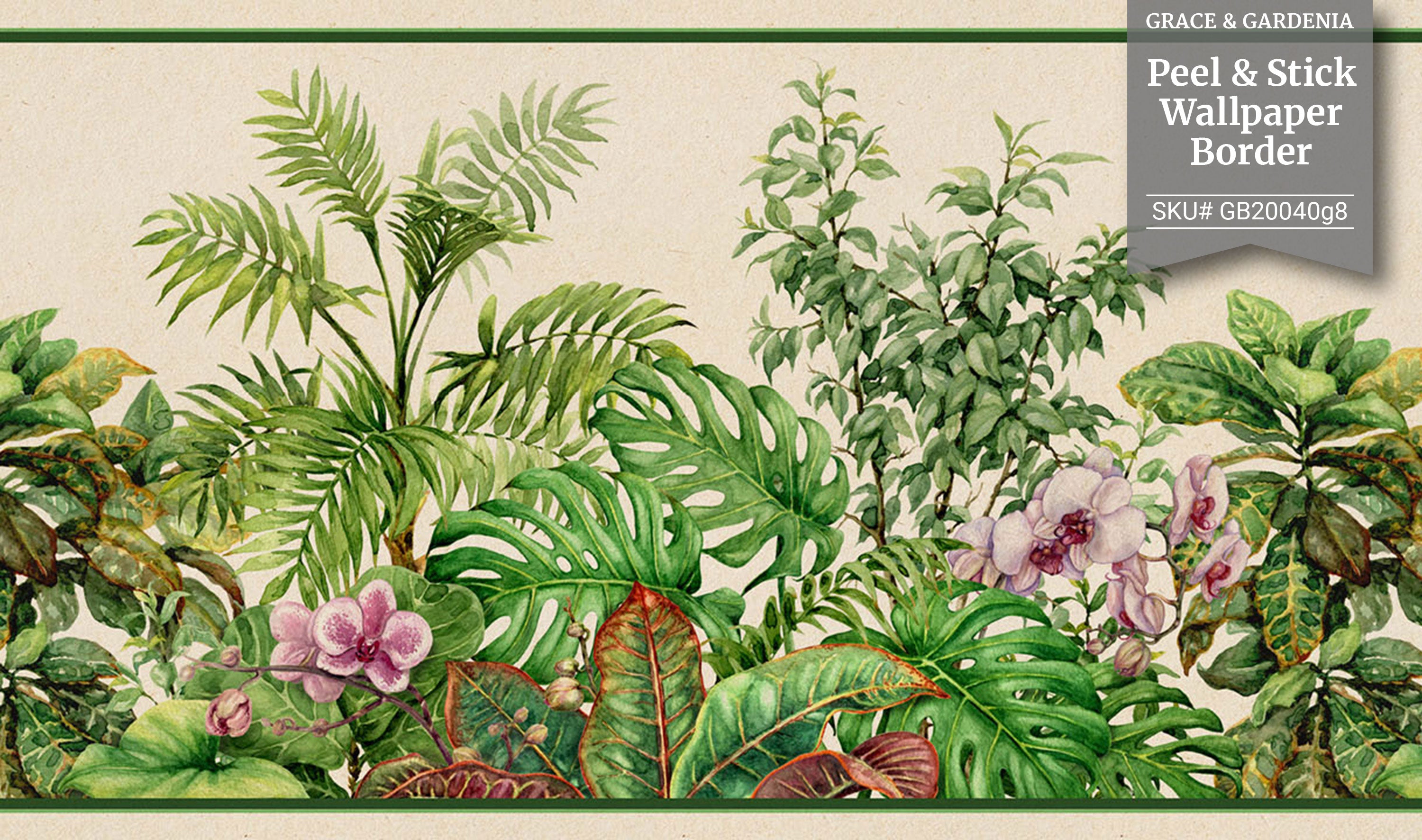 GB20040g8 Grace & Gardenia Tropical Watercolor Peel and Stick Wallpaper Border 8in Height x 18ft Long, Beige Green Purple