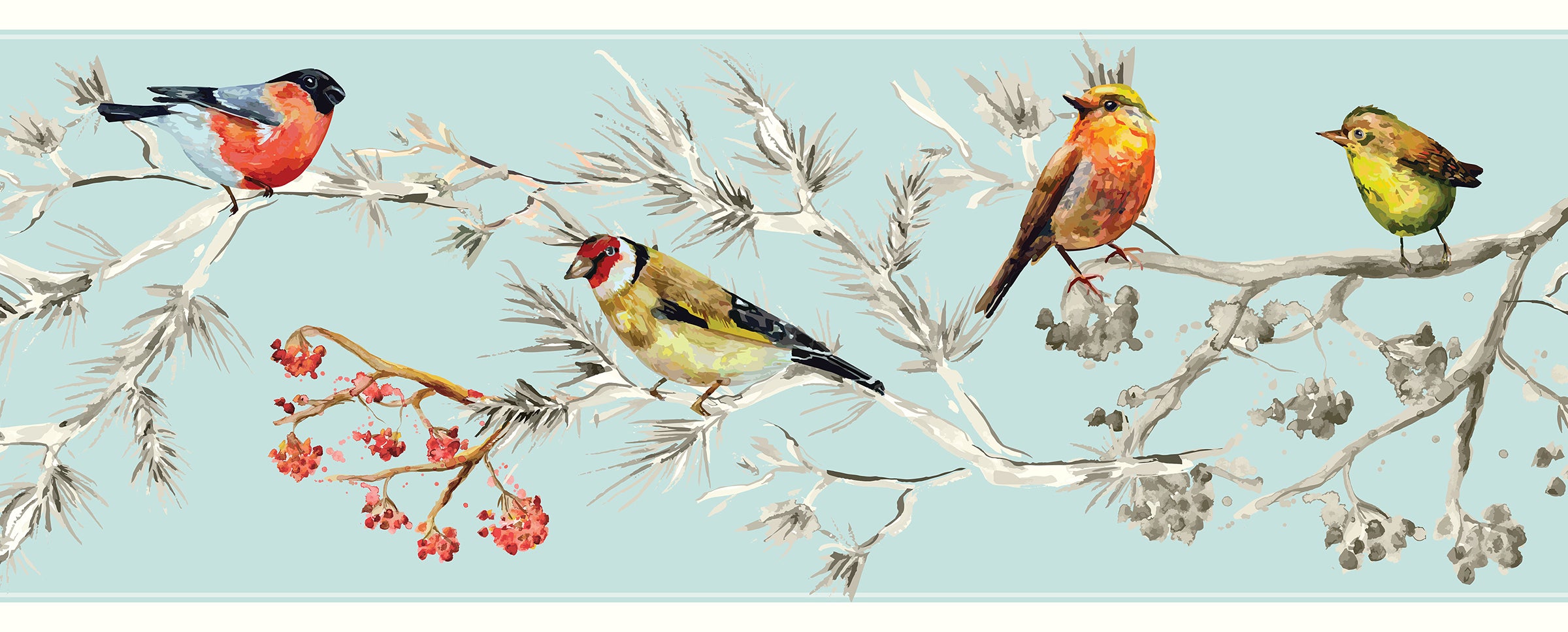 GB30011 Grace & Gardenia Birds in Pines Peel and Stick Wallpaper Border 10in or 8in Height x 15ft Long, Blue White Pink Yellow