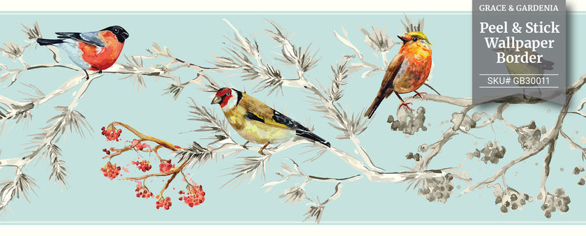 GB30011 Birds in Pines Peel and Stick Wallpaper Border 10in Height x 15ft Long, Blue White Pink Yellow