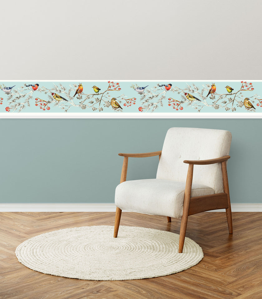 GB30011 Birds in Pines Peel and Stick Wallpaper Border 10in Height x 15ft Long, Blue White Pink Yellow