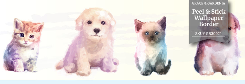 GB30021 Kittens & Puppies Peel and Stick Wallpaper Border 15ft Long, Beige Blue Orange Cream