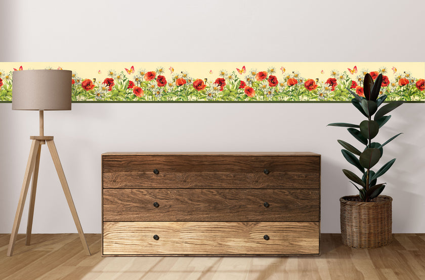 GB40020 Wildflower Bloom Peel and Stick Wallpaper Border 10in Height x 15ft Long,Yellow Green Red