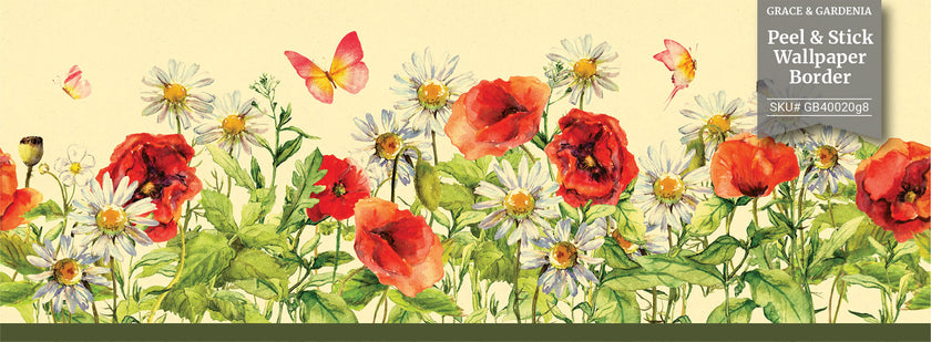 GB40020g8 Wildflower Bloom Peel and Stick Wallpaper Border 8in Height x 15ft Long, Yellow Green Red