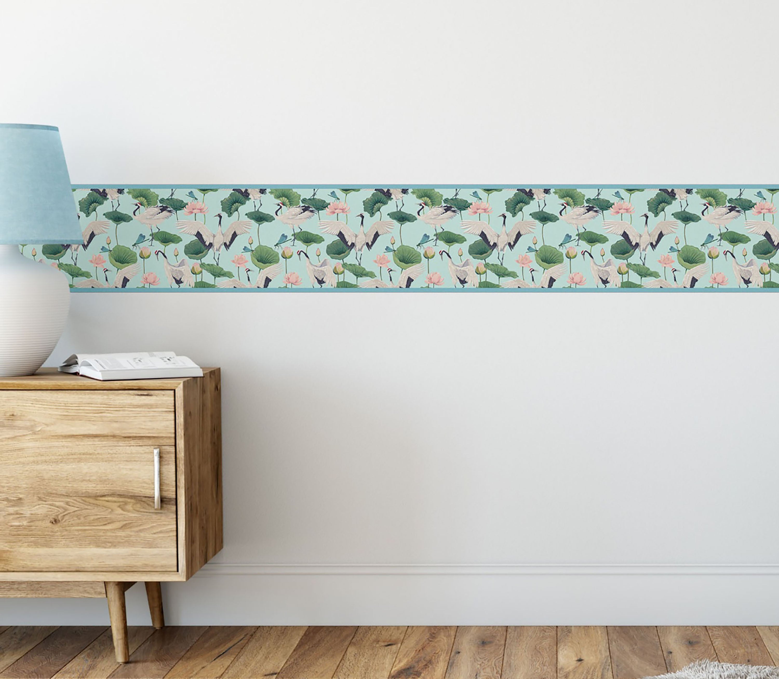 GB50041 Cranes and Grasshoppers Peel and Stick Wallpaper Border 10in Height x 15 ft Long, Blue Green Pink
