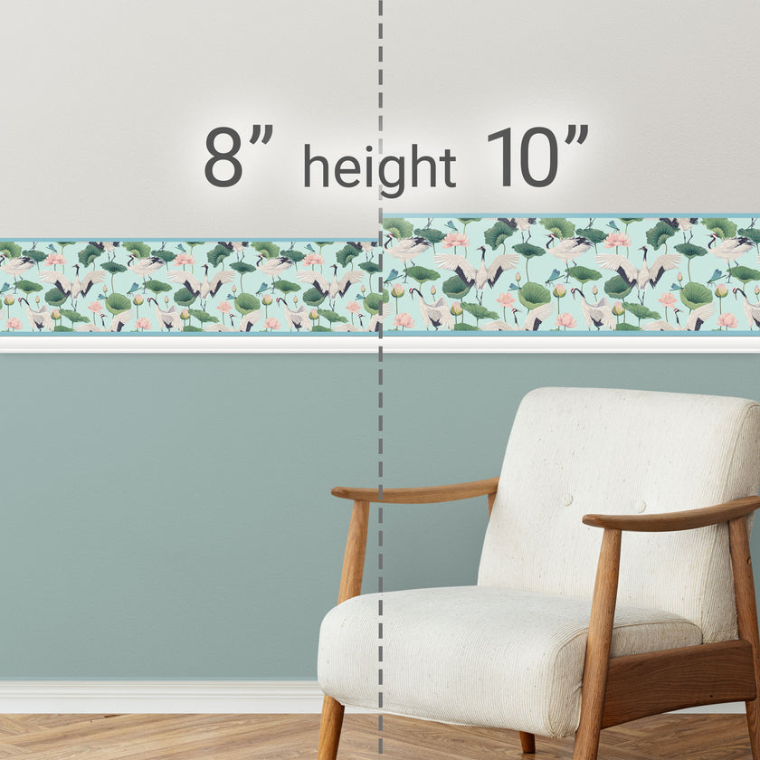 GB50041 Cranes and Grasshoppers Peel and Stick Wallpaper Border 10in Height x 15 ft Long, Blue Green Pink
