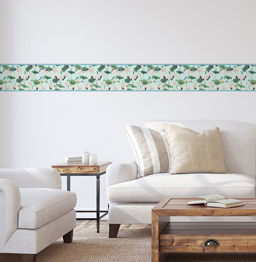 GB50041g8 Cranes and Grasshoppers Peel and Stick Wallpaper Border 8in Height x 15ft Long Blue Green Pink