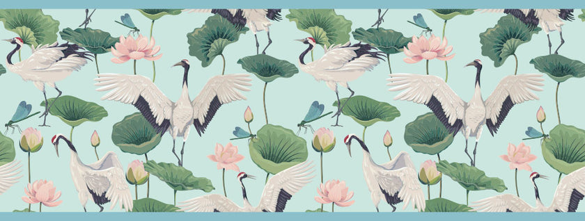 GB50041 Cranes and Grasshoppers Peel and Stick Wallpaper Border 10in Height x 15 ft Long, Blue Green Pink