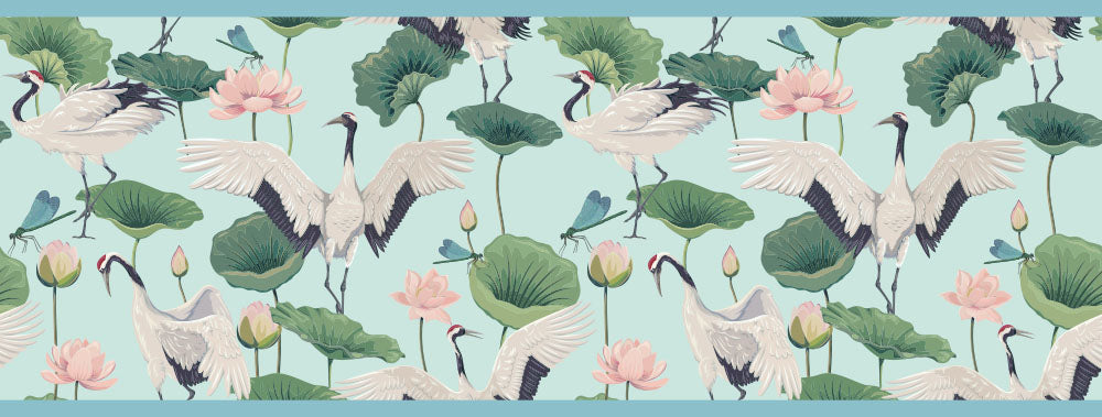 GB50041g8 Cranes and Grasshoppers Peel and Stick Wallpaper Border 8in Height x 18ft Long Blue / Green / Pink