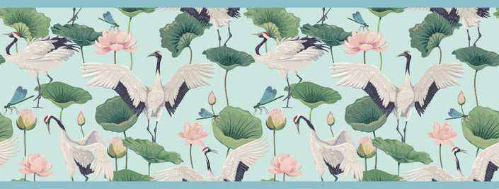 GB50041g8 Cranes and Grasshoppers Peel and Stick Wallpaper Border 8in Height x 15ft Long Blue Green Pink