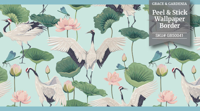 GB50041 Cranes and Grasshoppers Peel and Stick Wallpaper Border 10in Height x 15 ft Long, Blue Green Pink