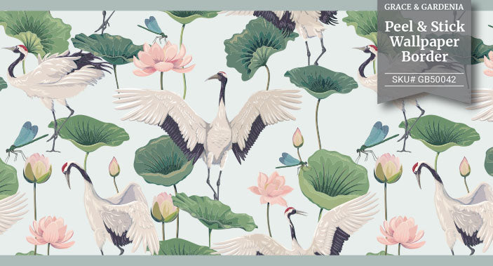 GB50042g8 Cranes and Grasshoppers Peel and Stick Wallpaper Border 10in or 8in Height x 15ft Long, Gray Green Pink
