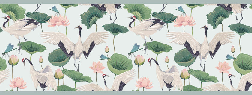 GB50042g8 Cranes and Grasshoppers Peel and Stick Wallpaper Border 10in or 8in Height x 15ft Long, Gray Green Pink
