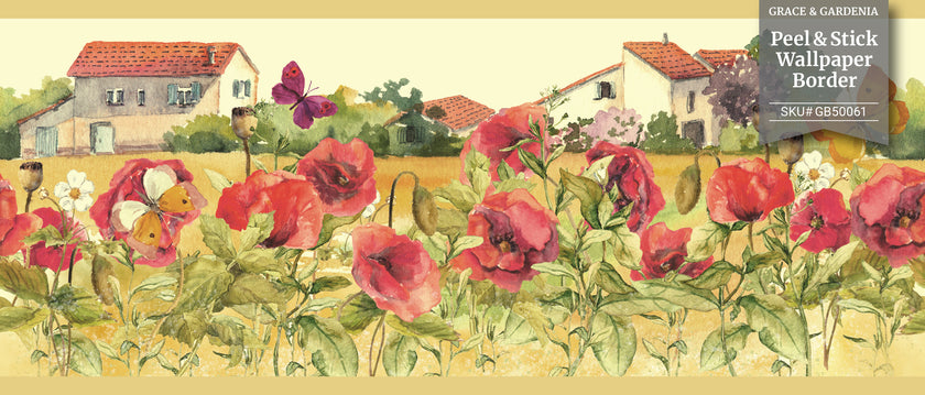GB50061 Countryside Watercolor Flowers Peel and Stick Wallpaper Border 10in Height x 15ft Tan Red Green