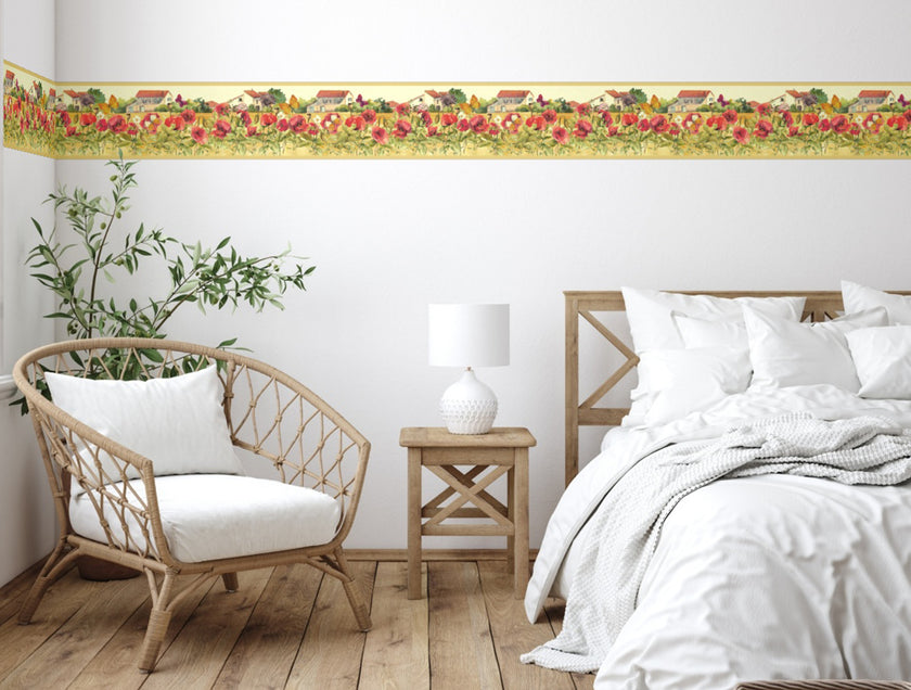 GB50061 Countryside Watercolor Flowers Peel and Stick Wallpaper Border 10in Height x 15ft Tan Red Green