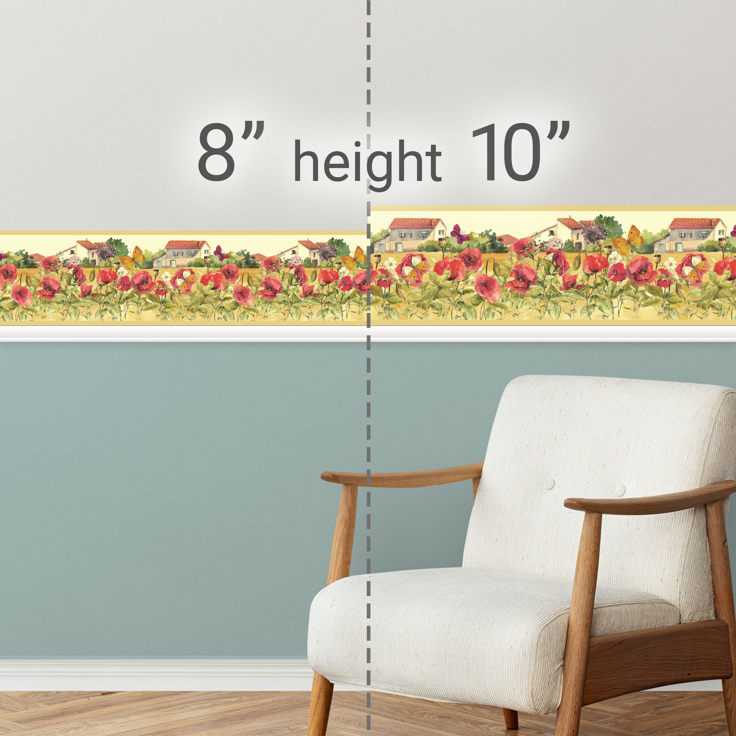 GB50061g8 Countryside Watercolor Flowers Peel and Stick Wallpaper Border 8in Height x 18ft Tan / Red / Green