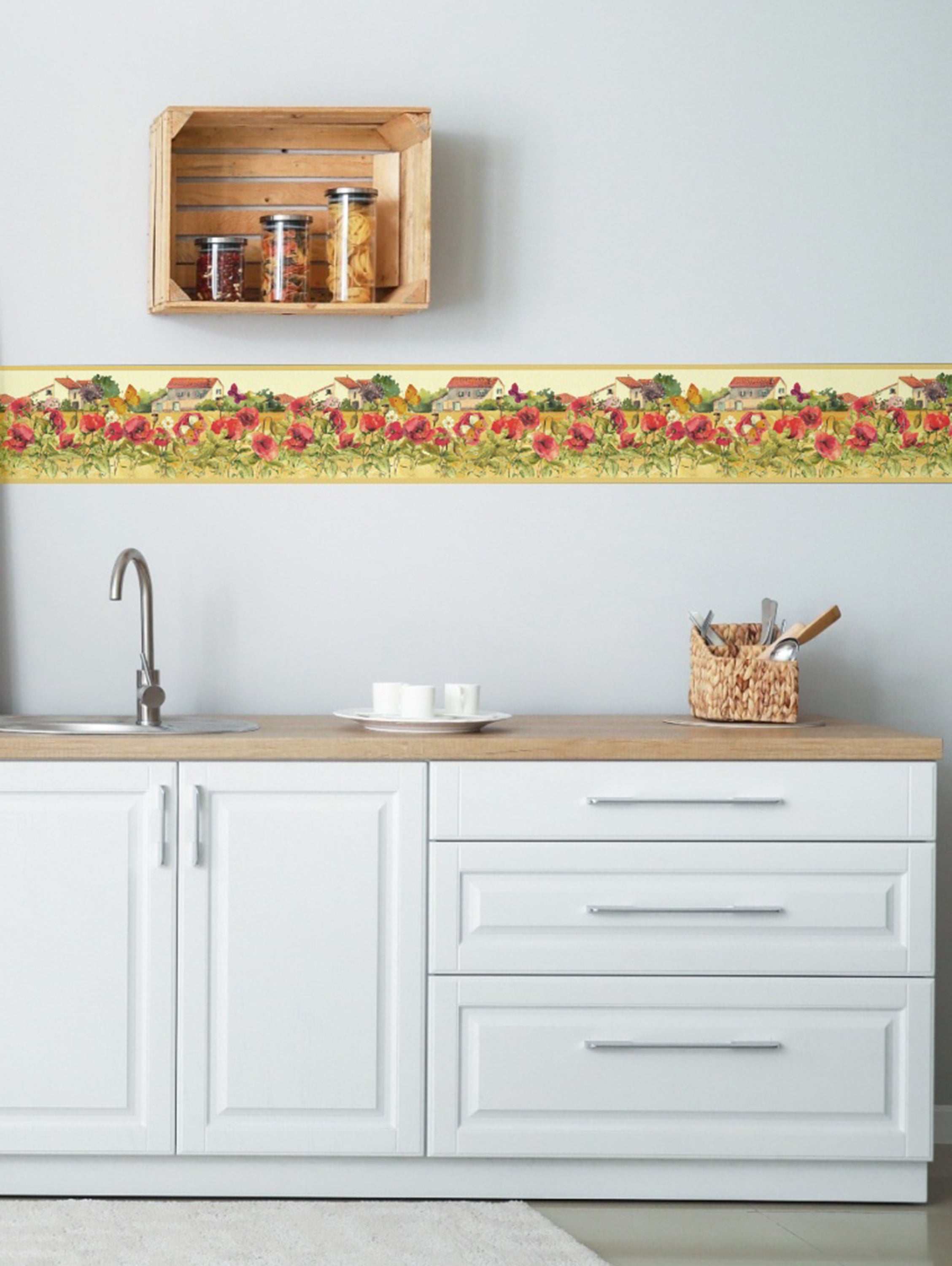 GB50061g8 Countryside Watercolor Flowers Peel and Stick Wallpaper Border 8in Height x 18ft Tan / Red / Green