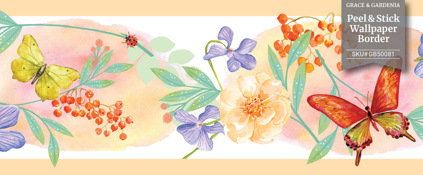 GB50081 Floral Butterfly Watercolor Peel and Stick Wallpaper Border 10in Height x 15ft Peach Green Orange