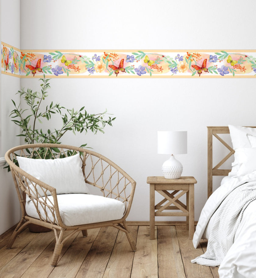 GB50081 Floral Butterfly Watercolor Peel and Stick Wallpaper Border 10in Height x 15ft Peach Green Orange