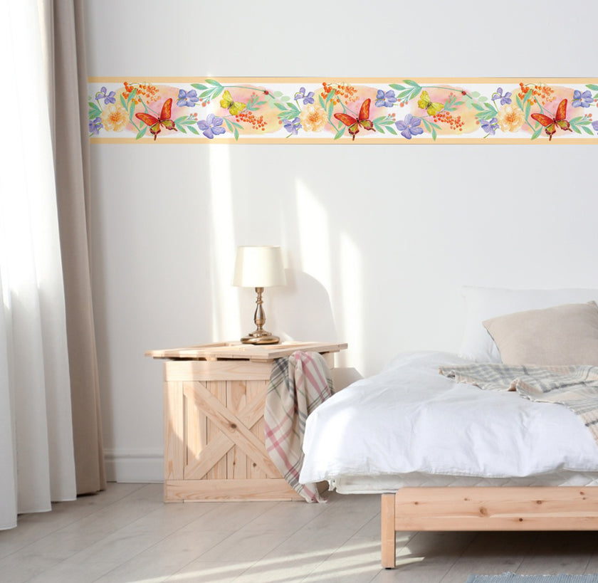 GB50081 Floral Butterfly Watercolor Peel and Stick Wallpaper Border 10in Height x 15ft Peach Green Orange