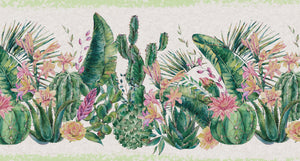 GB50131 Grace & Gardenia Cactus Flowers Peel and Stick Wallpaper Border 10in Height x 18ft Long, Green Beige Pink