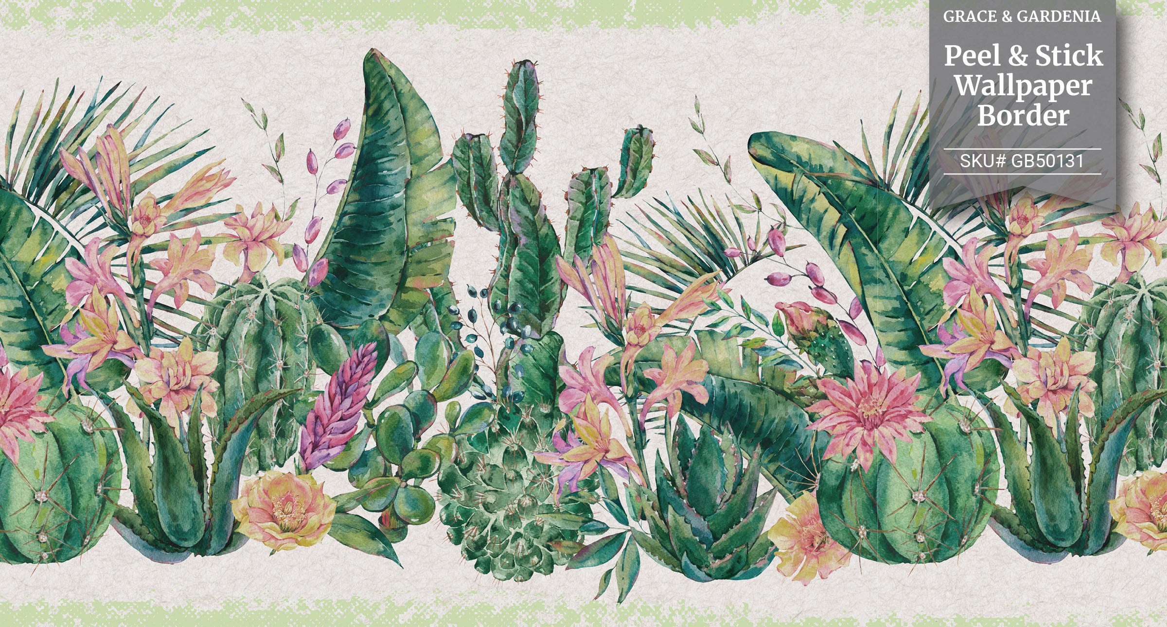GB50131 Grace & Gardenia Cactus Flowers Peel and Stick Wallpaper Border 10in Height x 18ft Long, Green Beige Pink