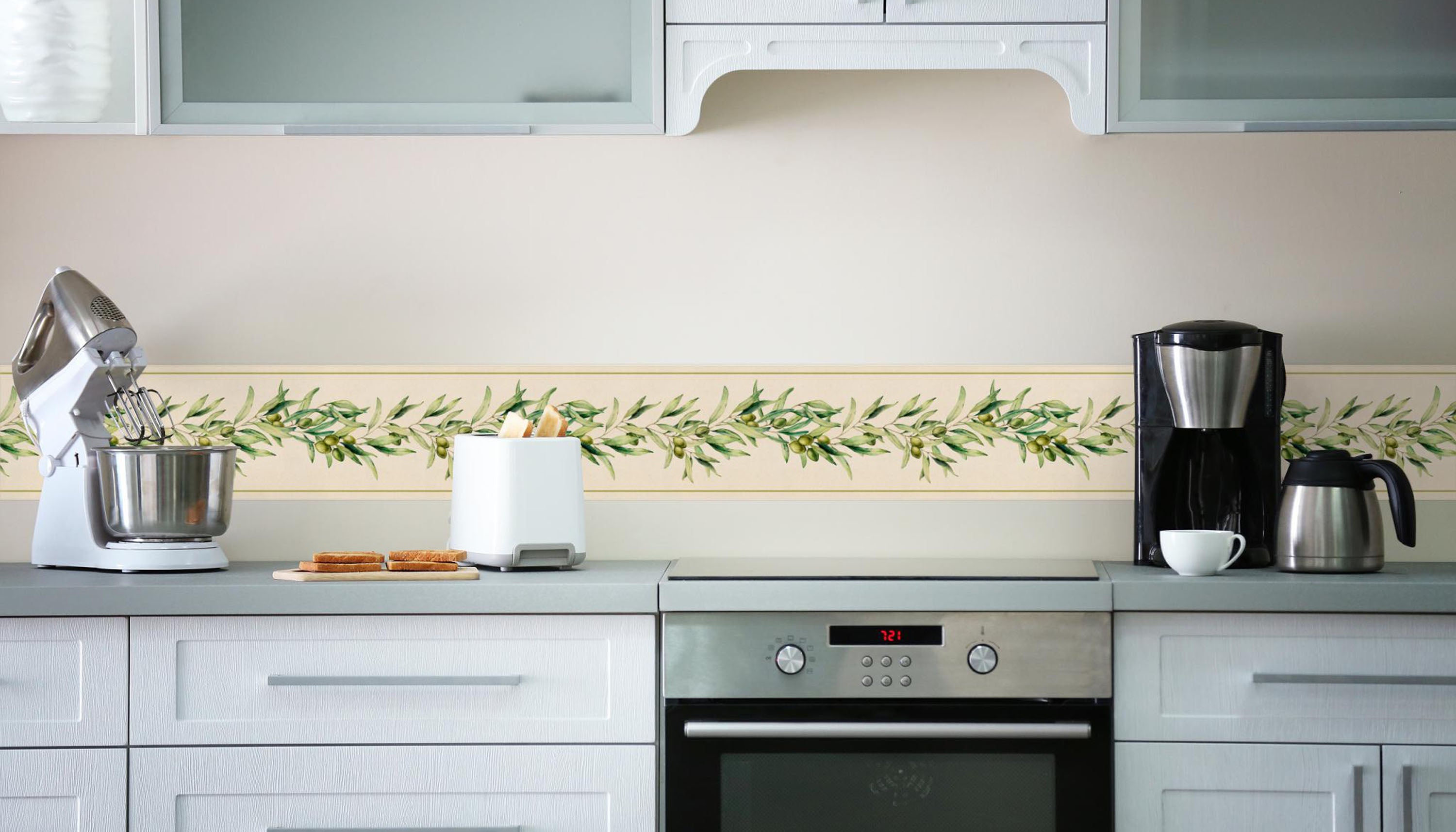 GB50140g8 Grace & Gardenia Olive Branch Peel and Stick Wallpaper Border 8in Height x 18ft Long, Beige Green